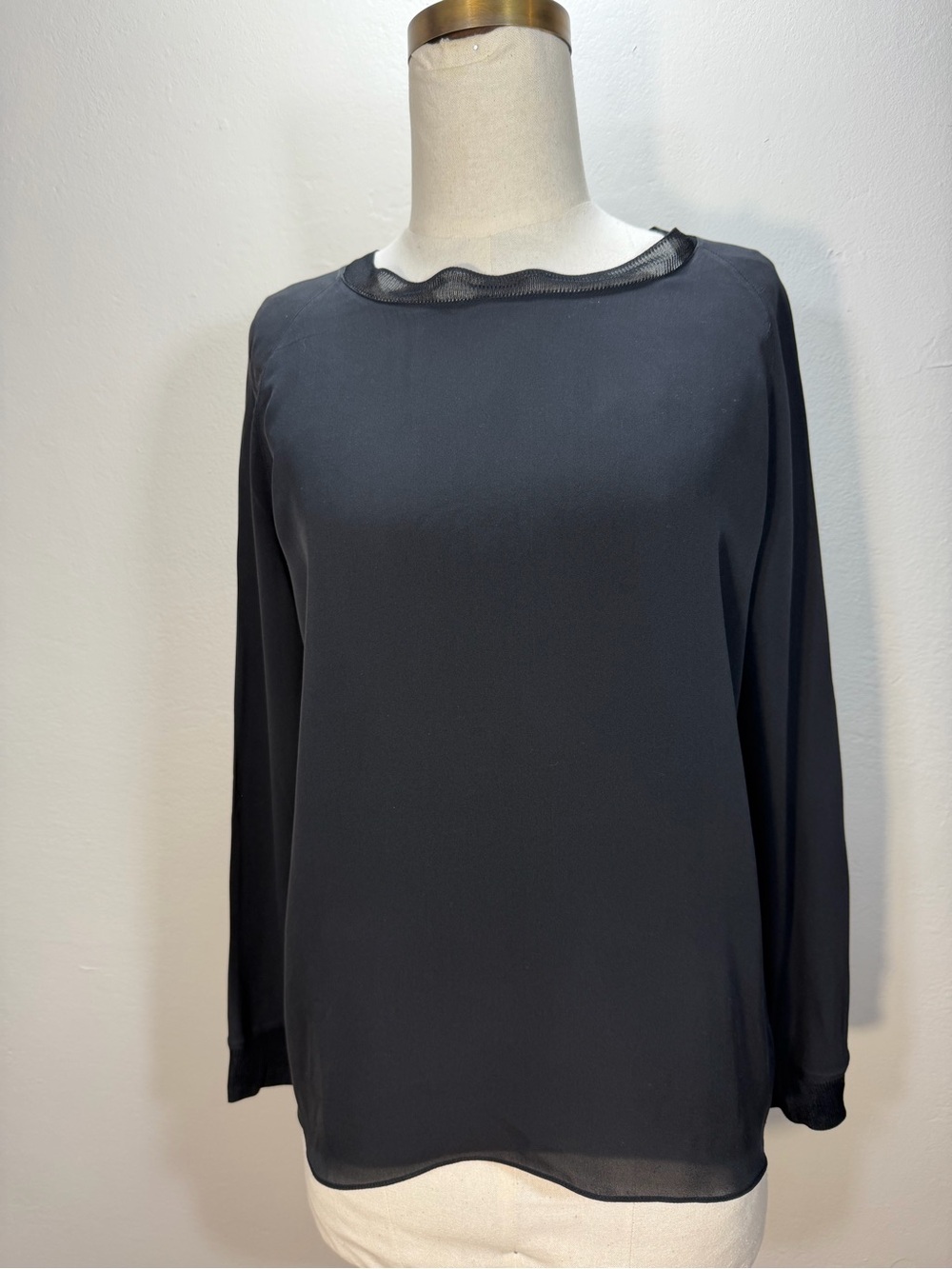 Vince Black Silk Long-Sleeve Blouse with Mesh Neckline